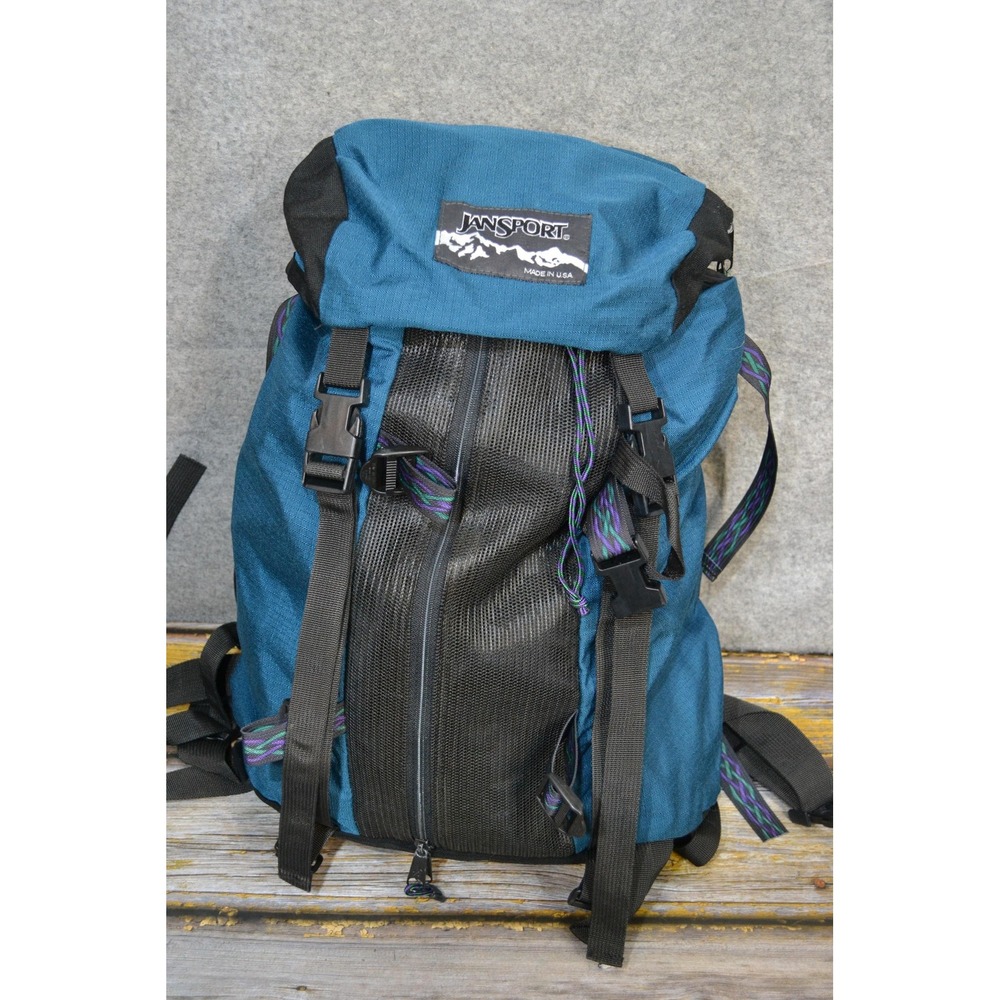 Vintage 90s JanSport Blue 20" Hiking Backpack Made USA Nylon Men Waist Belt